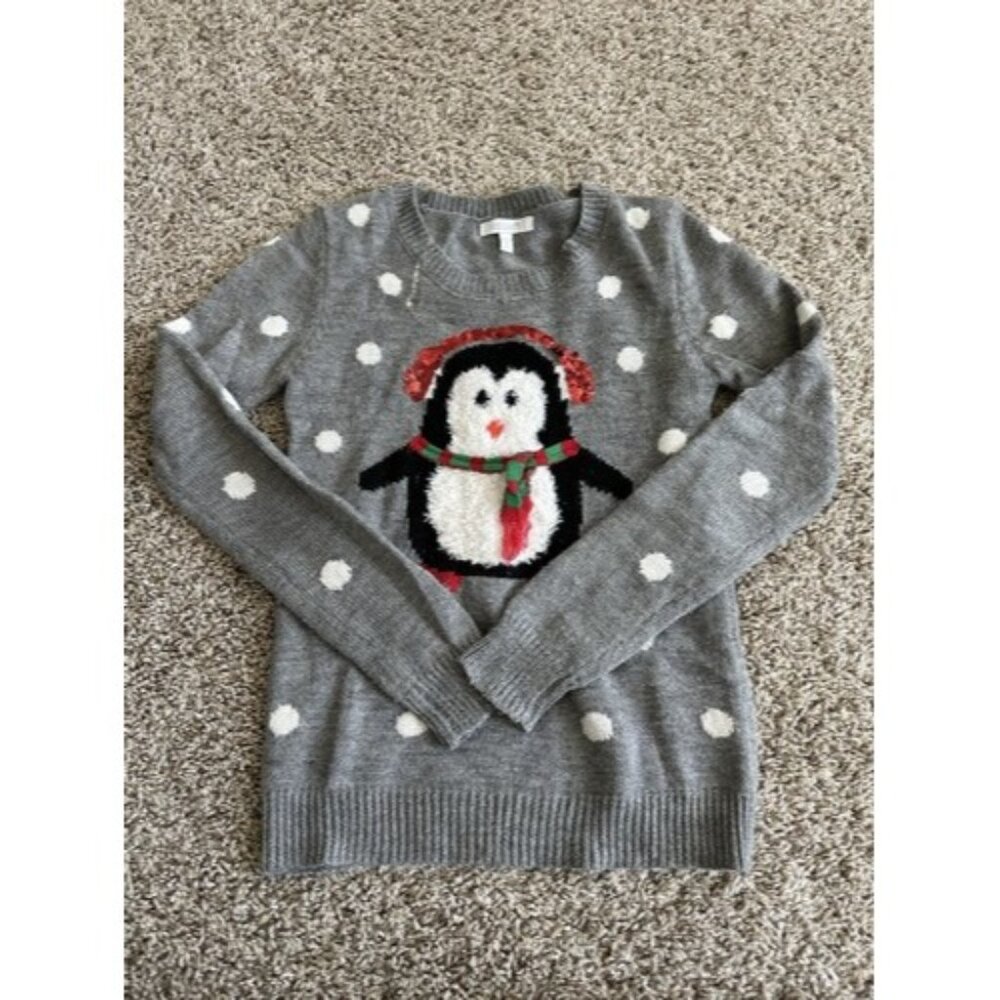 Delia’s Penguin Ugly Sweater, Polkadot, Gray Size XS Gray Crew Christmas Winter